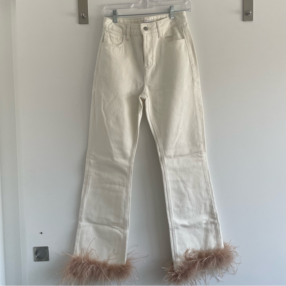 Gianni bini off white jeans with feather trim